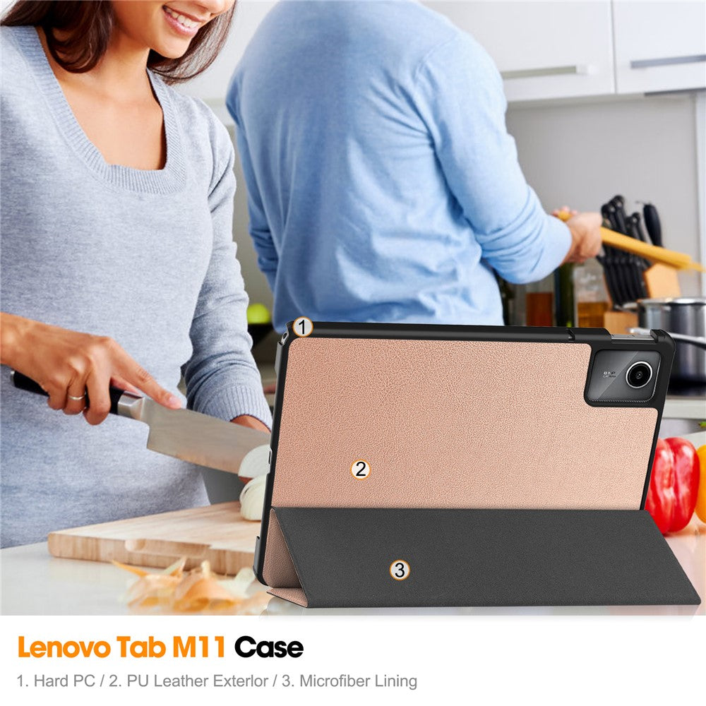 For Lenovo Tab M11 / Xiaoxin Pad 11 2024 Case Tri-fold Stand PU Leather+PC Tablet Cover - Rose Gold