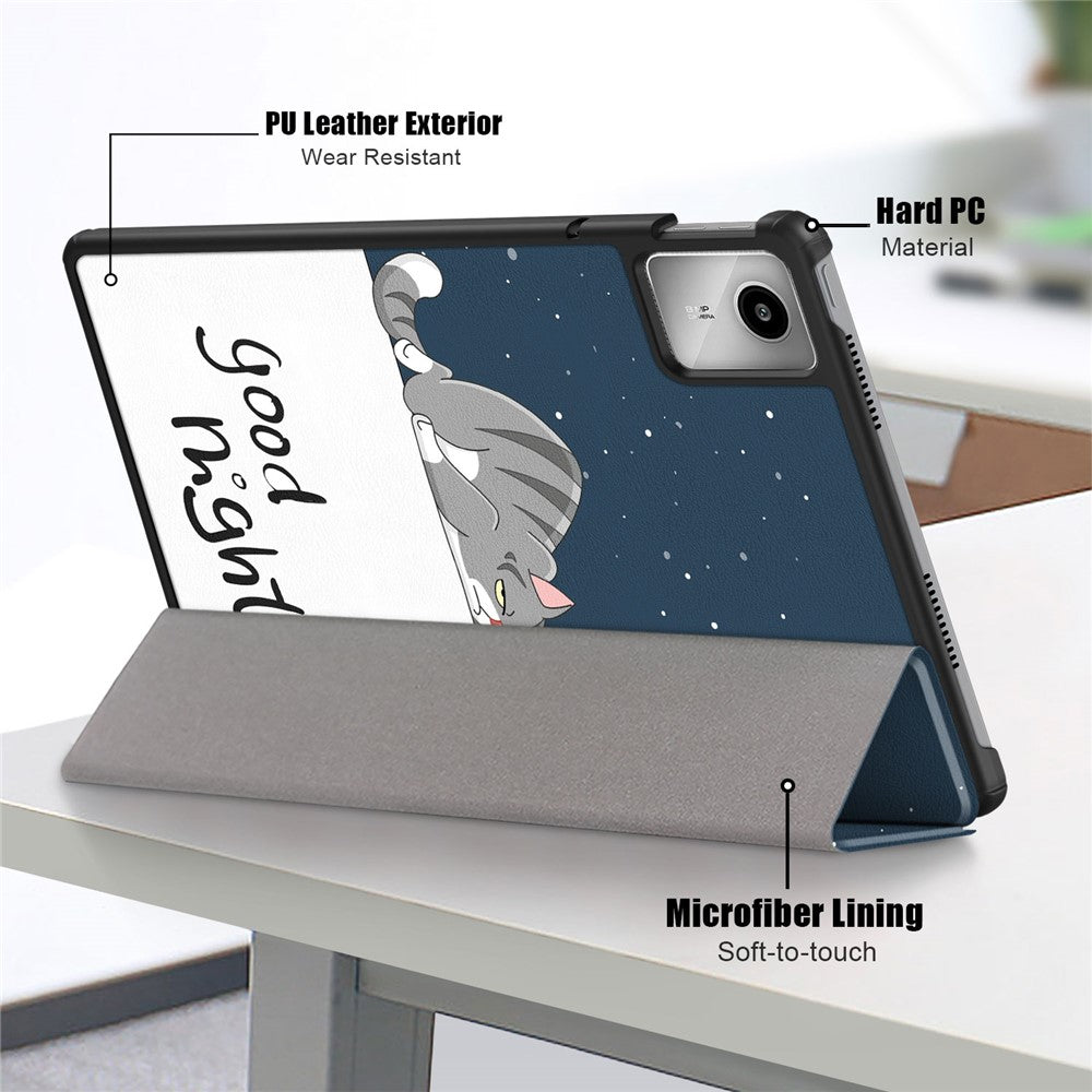 For Lenovo Tab M11 / Xiaoxin Pad 11 2024 Trifold Stand Cover Pattern PU Leather Auto Sleep Wake Tablet Case - Cat