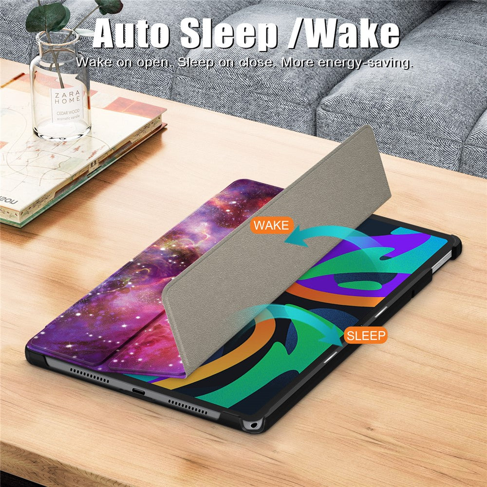 For Lenovo Tab M11 / Xiaoxin Pad 11 2024 Trifold Stand Cover Pattern PU Leather Auto Sleep Wake Tablet Case - Galaxy