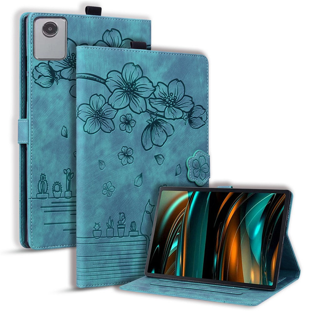 For Lenovo Tab M11 / Xiaoxin Pad 11 2024 Tablet Case Flower Cat Imprint Folio PU Leather Cover - Green