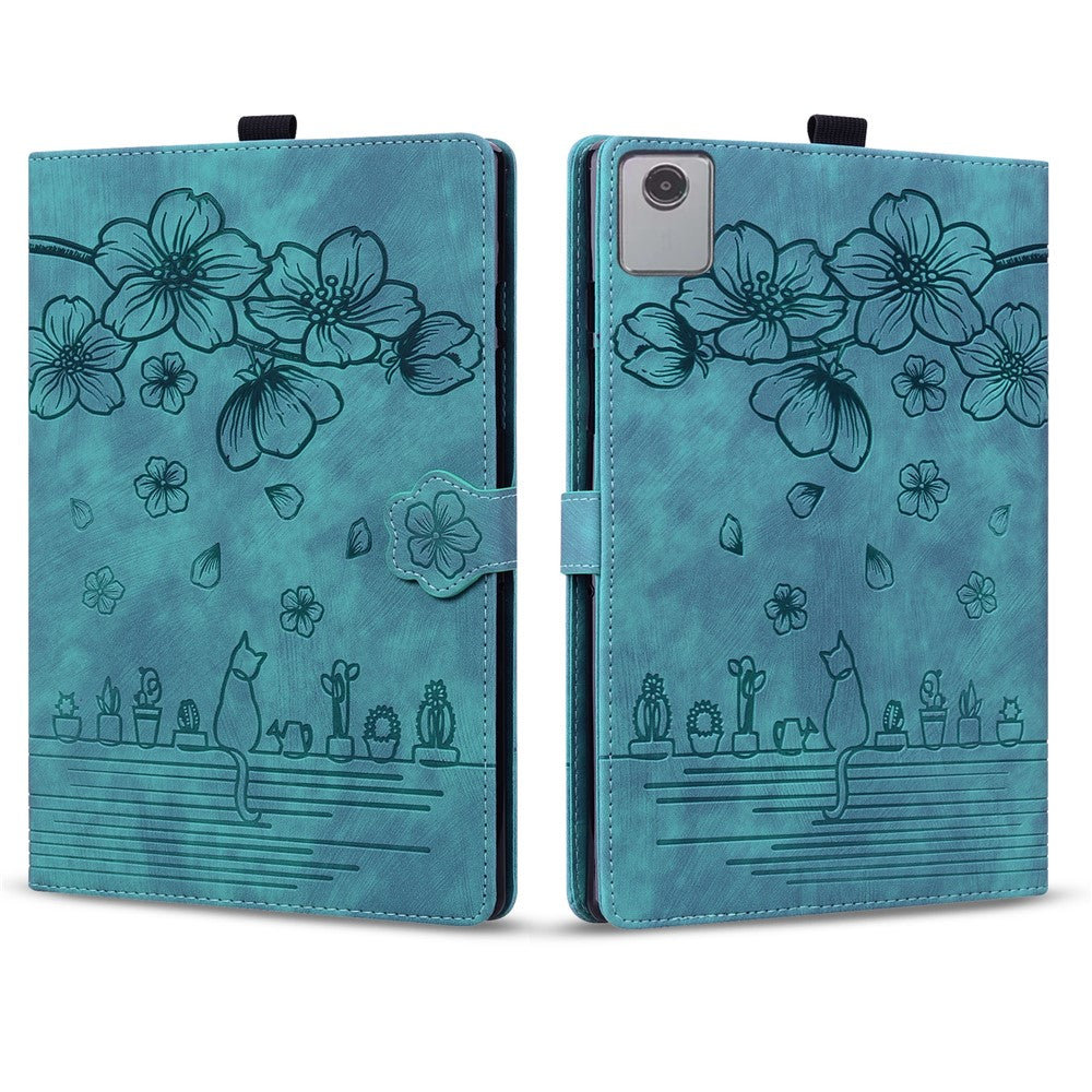 For Lenovo Tab M11 / Xiaoxin Pad 11 2024 Tablet Case Flower Cat Imprint Folio PU Leather Cover - Green