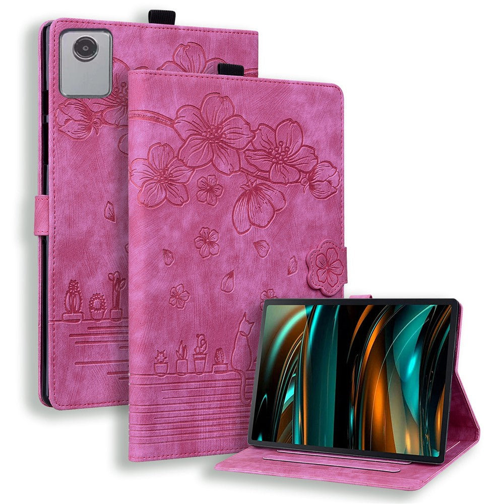 For Lenovo Tab M11 / Xiaoxin Pad 11 2024 Tablet Case Flower Cat Imprint Folio PU Leather Cover - Rose