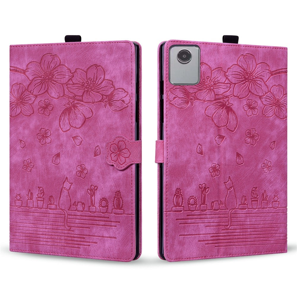 For Lenovo Tab M11 / Xiaoxin Pad 11 2024 Tablet Case Flower Cat Imprint Folio PU Leather Cover - Rose