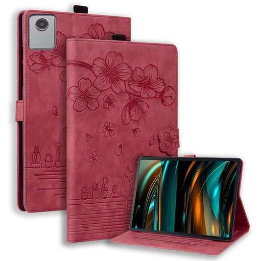 For Lenovo Tab M11 / Xiaoxin Pad 11 2024 Tablet Case Flower Cat Imprint Folio PU Leather Cover - Wine Red