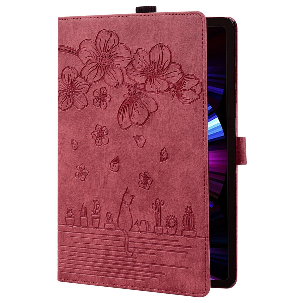 For Lenovo Tab M11 / Xiaoxin Pad 11 2024 Tablet Case Flower Cat Imprint Folio PU Leather Cover - Wine Red