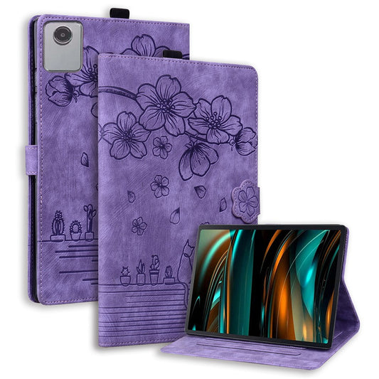 For Lenovo Tab M11 / Xiaoxin Pad 11 2024 Tablet Case Flower Cat Imprint Folio PU Leather Cover - Purple