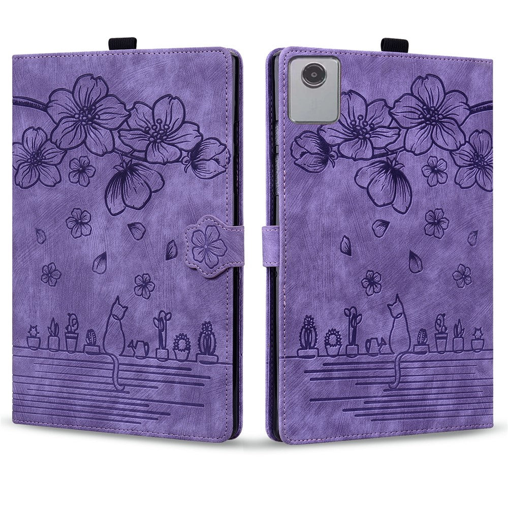 For Lenovo Tab M11 / Xiaoxin Pad 11 2024 Tablet Case Flower Cat Imprint Folio PU Leather Cover - Purple
