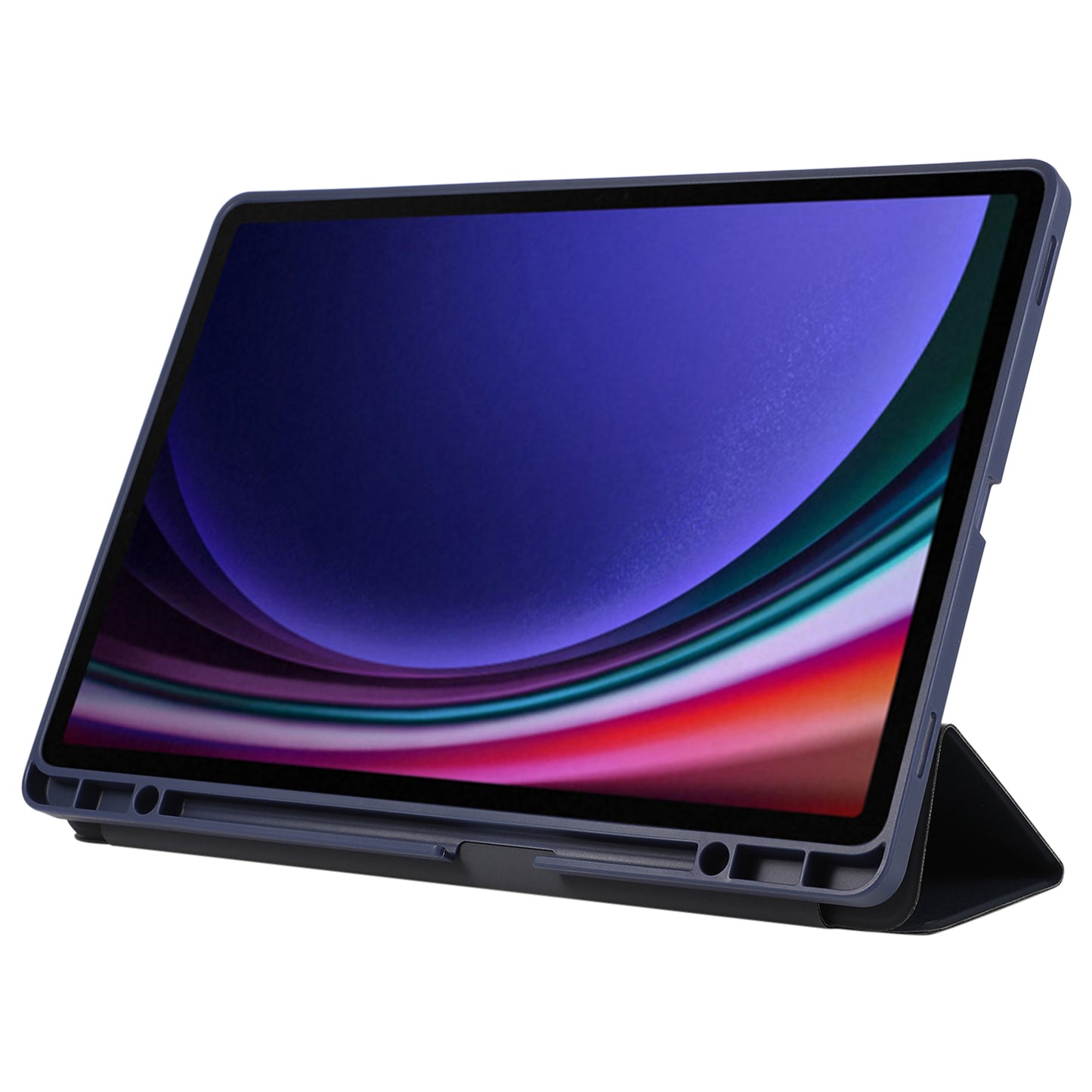 For Samsung Galaxy Tab S9+ / S9 FE+ Case Solid Color Tri-Fold Stand Anti-Drop PU Tablet Cover with Pencil Slot - Blue