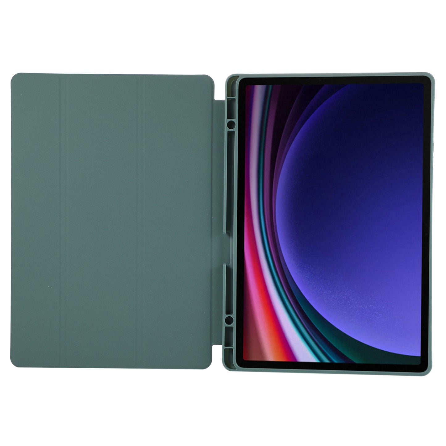 For Samsung Galaxy Tab S9+ / S9 FE+ Case Solid Color Tri-Fold Stand Anti-Drop PU Tablet Cover with Pencil Slot - Blackish Green