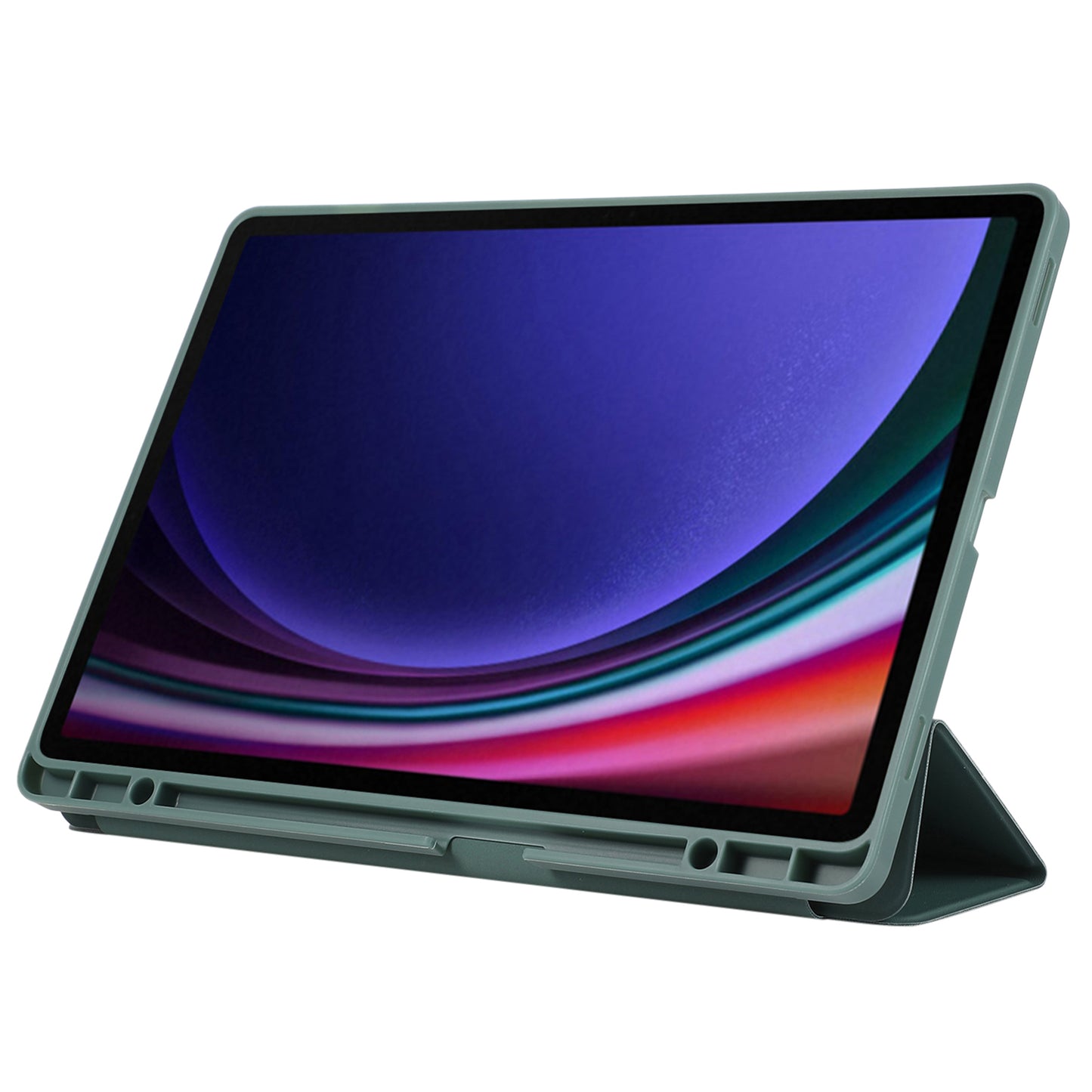 For Samsung Galaxy Tab S9+ / S9 FE+ Case Solid Color Tri-Fold Stand Anti-Drop PU Tablet Cover with Pencil Slot - Blackish Green
