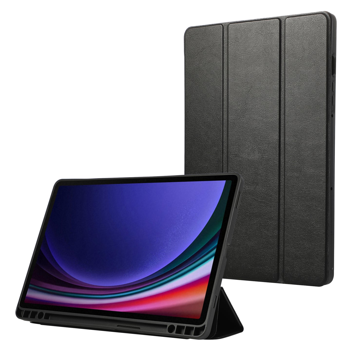For Samsung Galaxy Tab S9 / Tab S9 FE Tablet Case Tri-Fold Stand Solid Color Shockproof PU Cover with Pencil Slot - Black