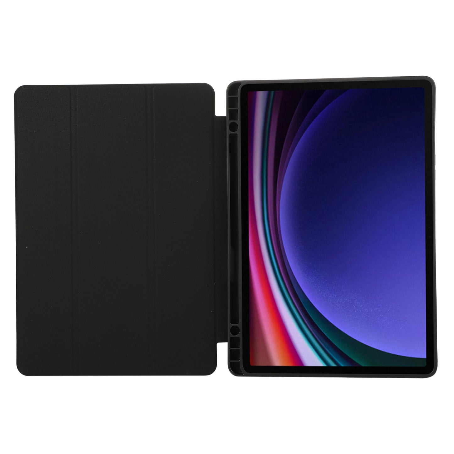 For Samsung Galaxy Tab S9 / Tab S9 FE Tablet Case Tri-Fold Stand Solid Color Shockproof PU Cover with Pencil Slot - Black