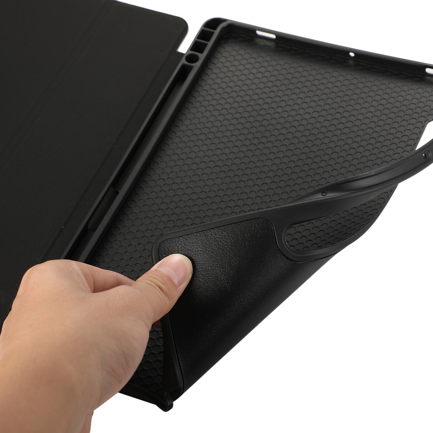 For Samsung Galaxy Tab S9 / Tab S9 FE Tablet Case Tri-Fold Stand Solid Color Shockproof PU Cover with Pencil Slot - Black