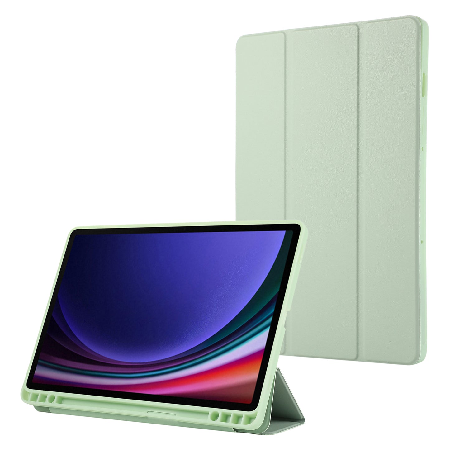 For Samsung Galaxy Tab S9 / Tab S9 FE Tablet Case Tri-Fold Stand Solid Color Shockproof PU Cover with Pencil Slot - Green