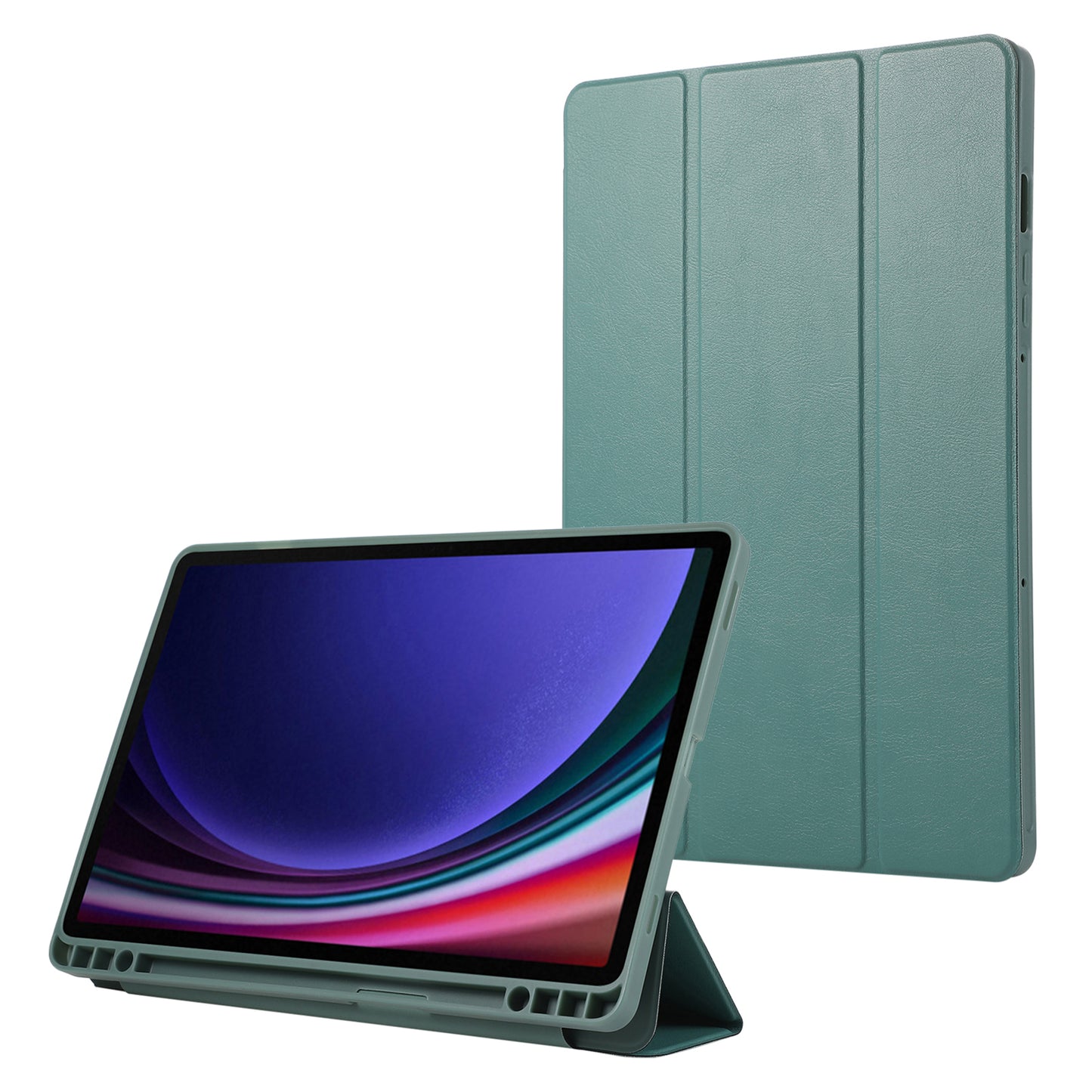 For Samsung Galaxy Tab S9 / Tab S9 FE Tablet Case Tri-Fold Stand Solid Color Shockproof PU Cover with Pencil Slot - Blackish Green