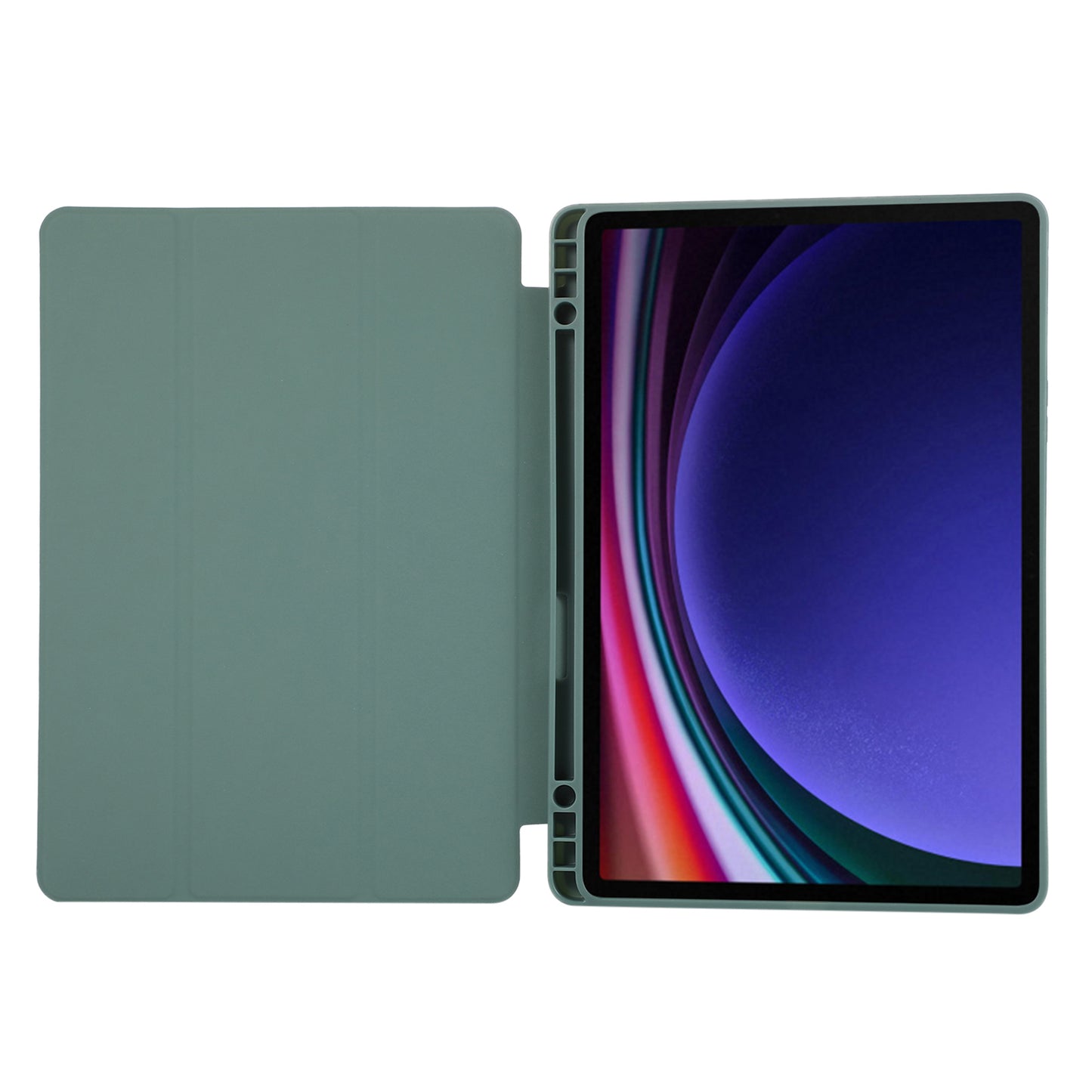 For Samsung Galaxy Tab S9 / Tab S9 FE Tablet Case Tri-Fold Stand Solid Color Shockproof PU Cover with Pencil Slot - Blackish Green