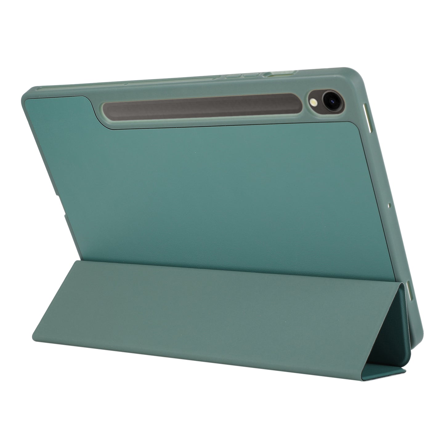 For Samsung Galaxy Tab S9 / Tab S9 FE Tablet Case Tri-Fold Stand Solid Color Shockproof PU Cover with Pencil Slot - Blackish Green