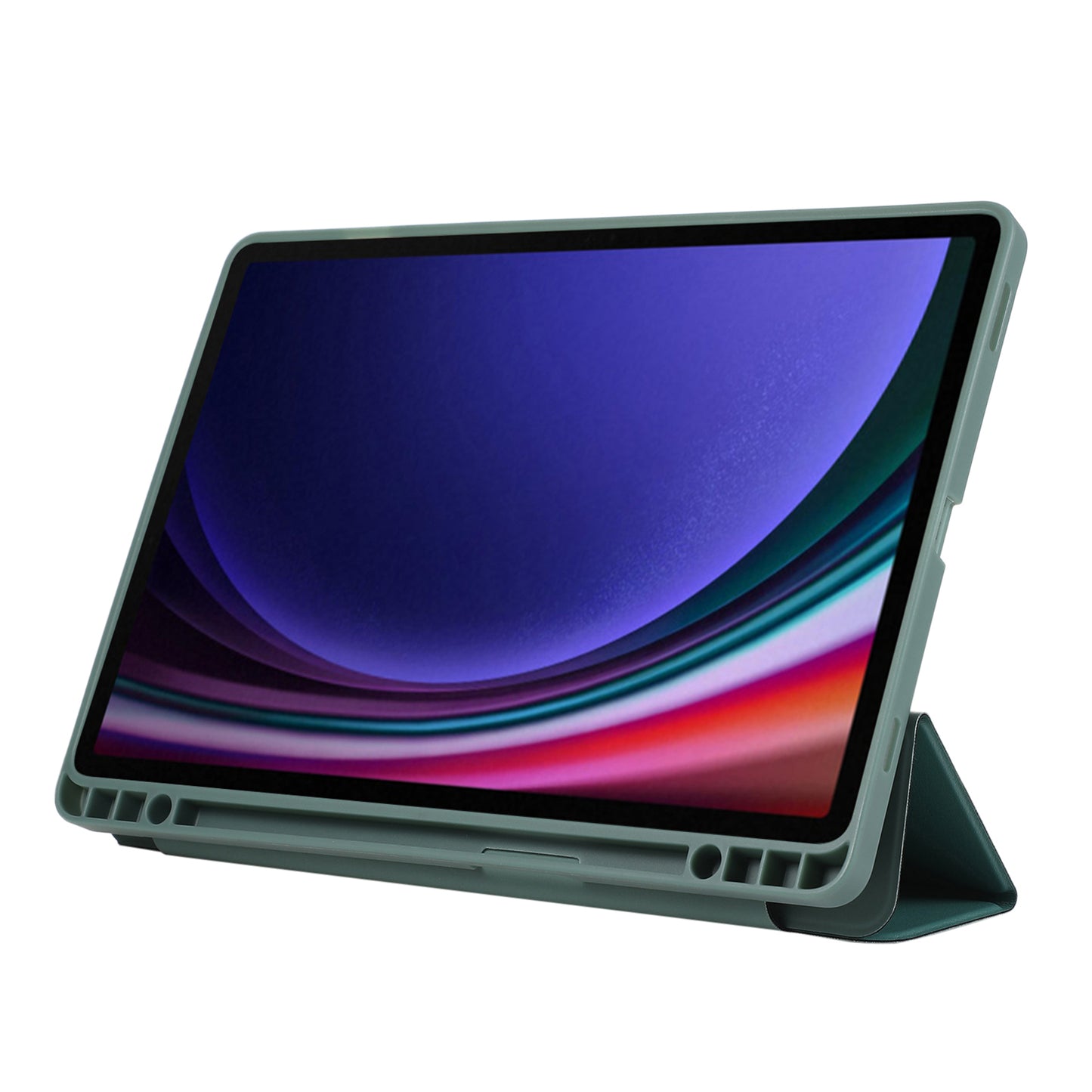 For Samsung Galaxy Tab S9 / Tab S9 FE Tablet Case Tri-Fold Stand Solid Color Shockproof PU Cover with Pencil Slot - Blackish Green