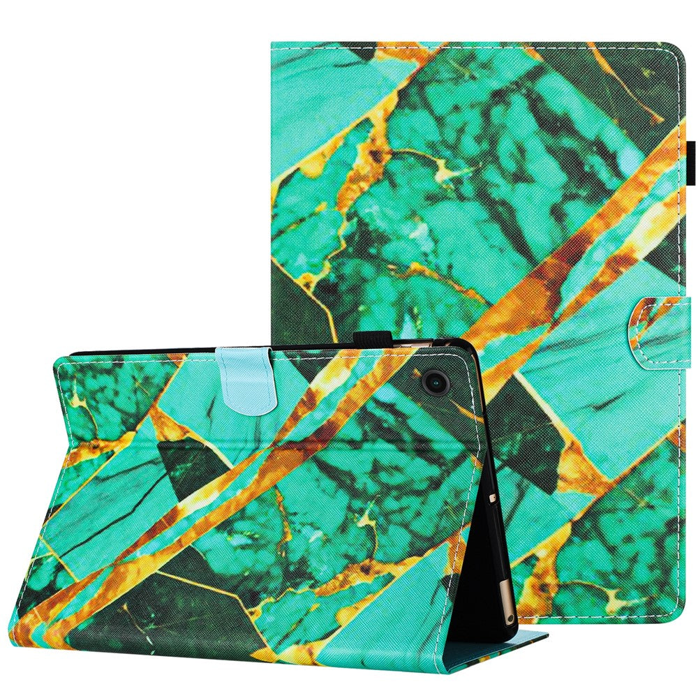 For Lenovo M10 Plus X606F Pattern Folio Cover PU Leather Stand Tablet Case - Gold+Green Marble
