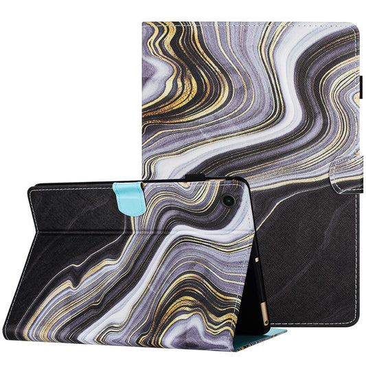 For Lenovo M10 Plus X606F Pattern Folio Cover PU Leather Stand Tablet Case - Black+Gold Marble