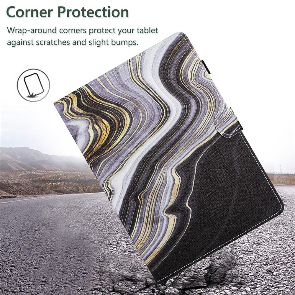 For Lenovo M10 Plus X606F Pattern Folio Cover PU Leather Stand Tablet Case - Black+Gold Marble