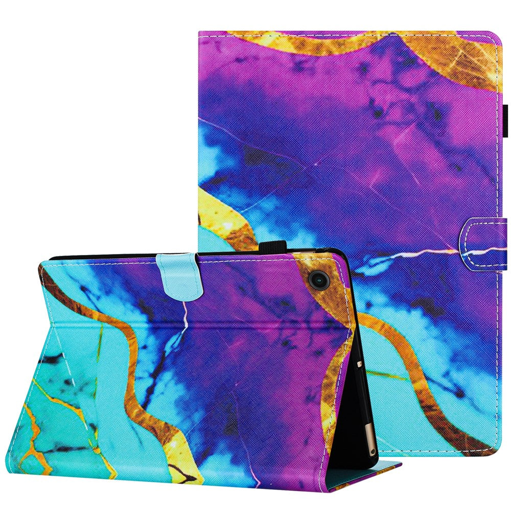 For Lenovo M10 Plus X606F Pattern Folio Cover PU Leather Stand Tablet Case - Purple+Blue Marble