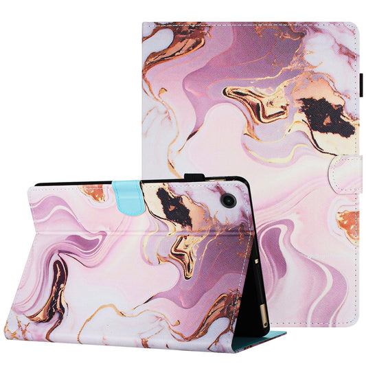 For Lenovo M10 Plus X606F Pattern Folio Cover PU Leather Stand Tablet Case - Gold+Pink Marble