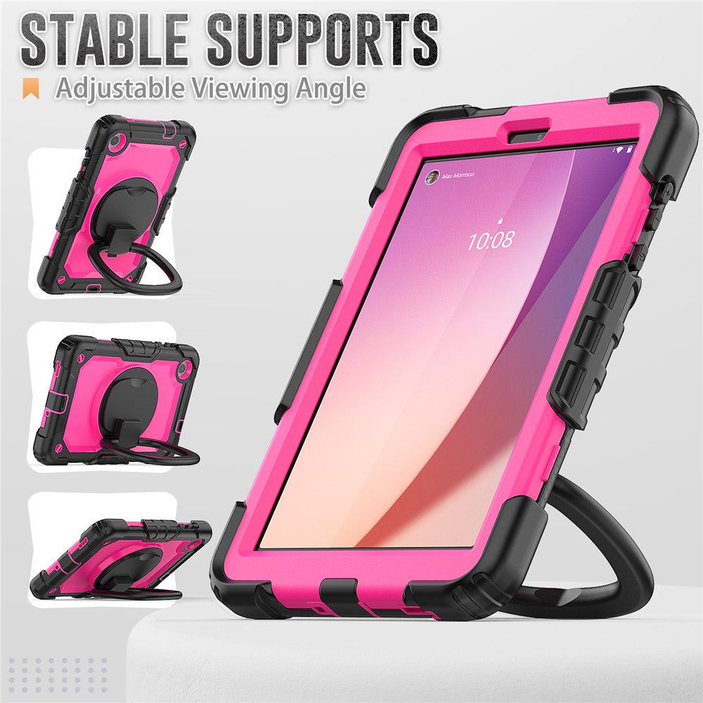 For Lenovo Tab M8 (4th Gen) 2024 TB-301XU / M8 (4th Gen) 2023 TB-300FU Case Rotary Kickstand Tablet Cover with Shoulder Strap - Black+Rose PC