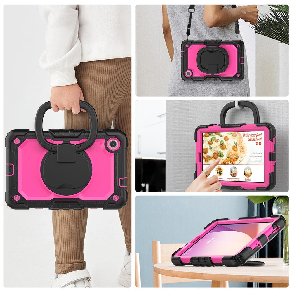 For Lenovo Tab M8 (4th Gen) 2024 TB-301XU / M8 (4th Gen) 2023 TB-300FU Case Rotary Kickstand Tablet Cover with Shoulder Strap - Black+Rose PC