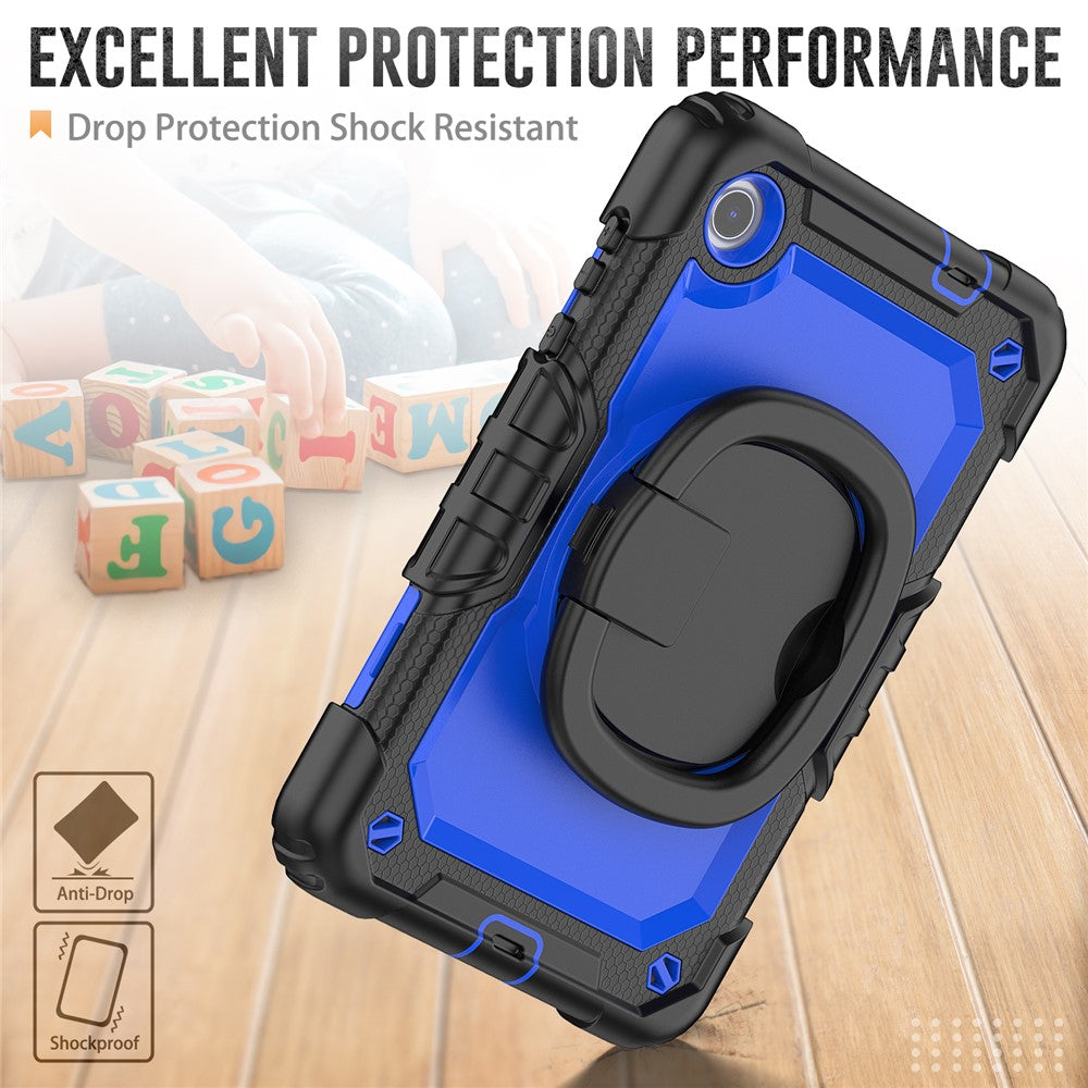 For Lenovo Tab M8 (4th Gen) 2024 TB-301XU / M8 (4th Gen) 2023 TB-300FU Case Rotary Kickstand Tablet Cover with Shoulder Strap - Black+Dark Blue PC