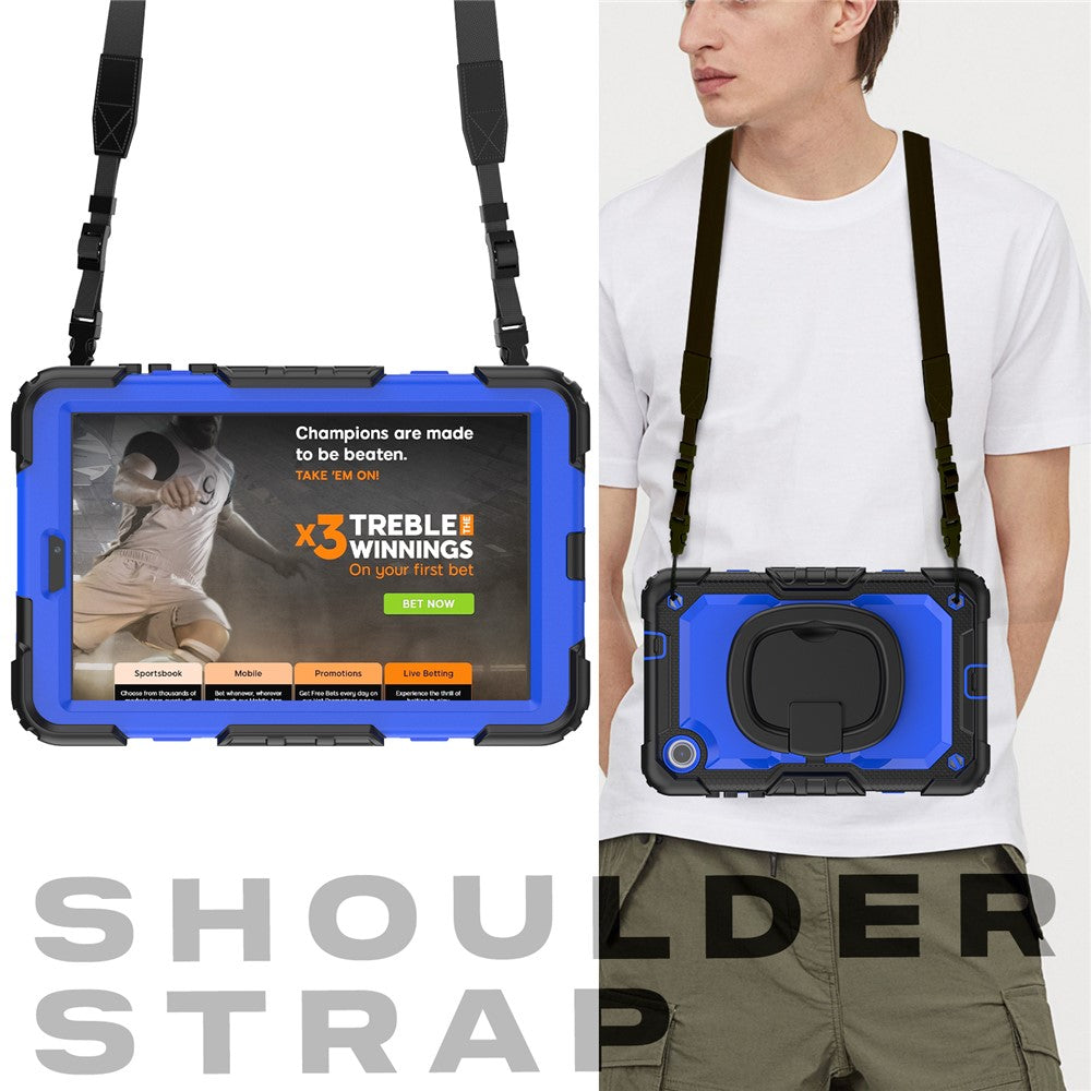 For Lenovo Tab M8 (4th Gen) 2024 TB-301XU / M8 (4th Gen) 2023 TB-300FU Case Rotary Kickstand Tablet Cover with Shoulder Strap - Black+Dark Blue PC