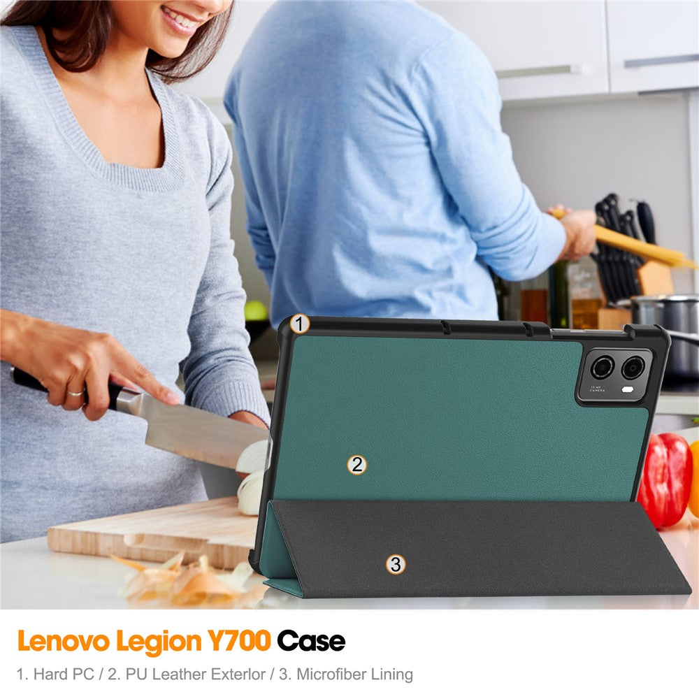 For Lenovo Legion Y700 (2023) / Tab Gen 2 Tri-Fold Stand Leather Case Tablet Cover - Blackish Green