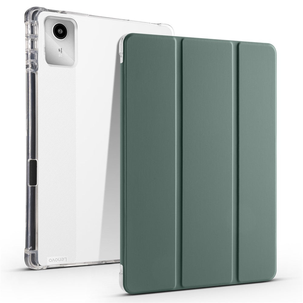 For Lenovo Tab M11 / Xiaoxin Pad 11 2024 Case Tri-fold Transparent Back Auto Sleep / Wake Cover with Pen Slot - Midnight Green