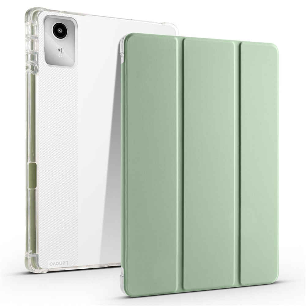 For Lenovo Tab M11 / Xiaoxin Pad 11 2024 Case Tri-fold Transparent Back Auto Sleep / Wake Cover with Pen Slot -  Matcha Green