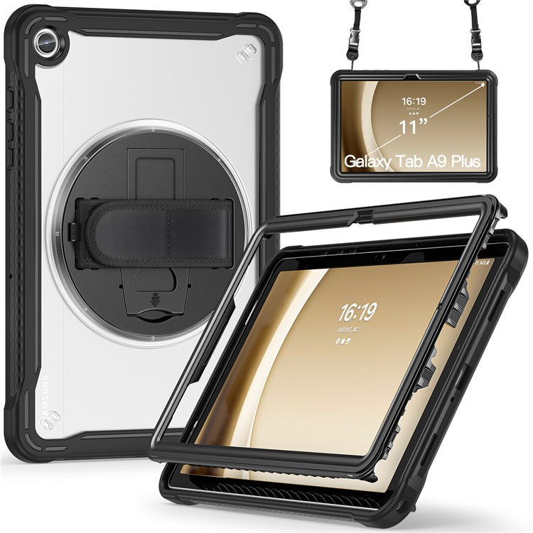 For Samsung Galaxy Tab A9+ Kickstand Tablet Case with Shoulder Strap Hand Strap - Transparent