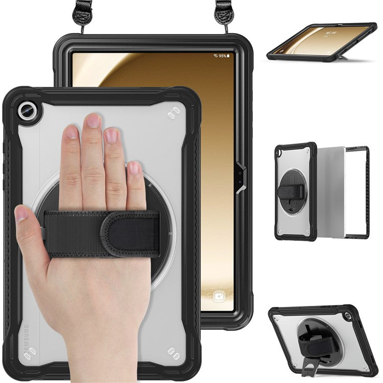 For Samsung Galaxy Tab A9+ Kickstand Tablet Case with Shoulder Strap Hand Strap - Transparent