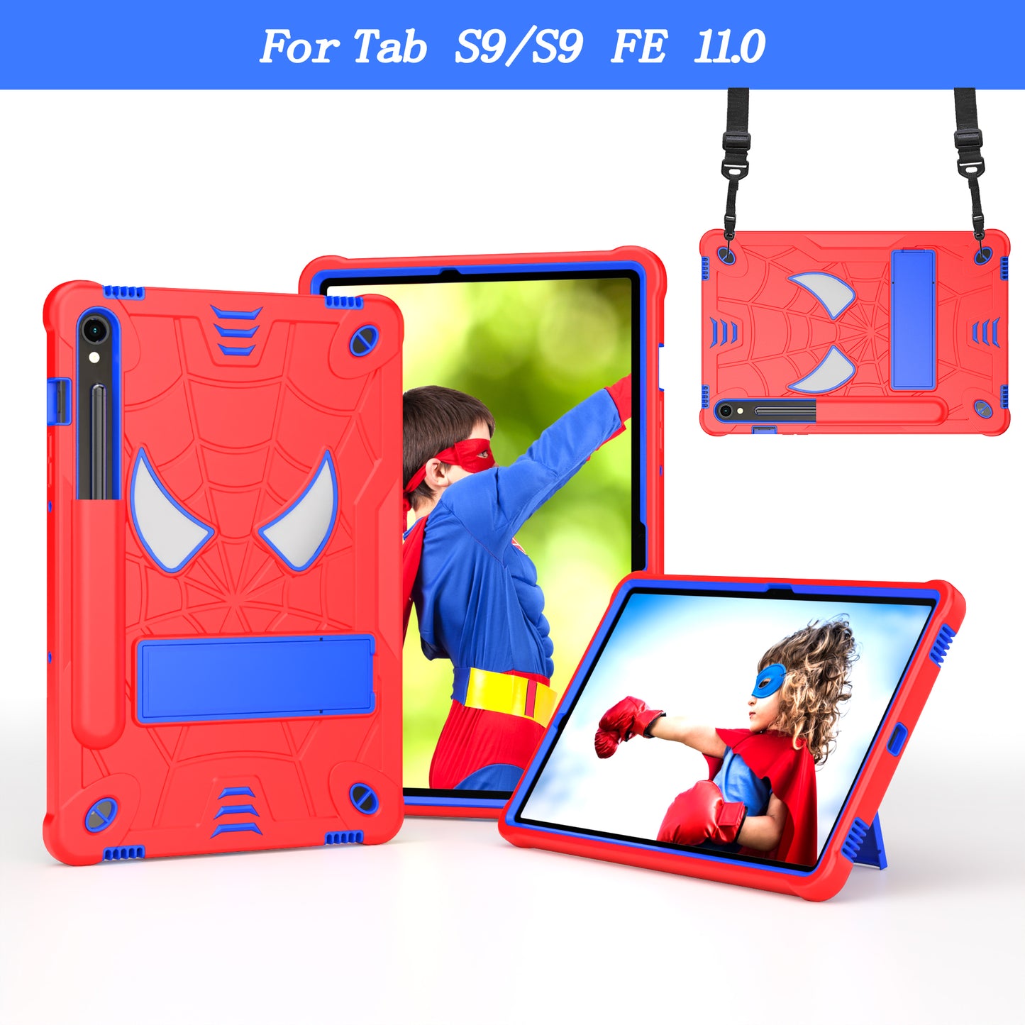 For Samsung Galaxy Tab S9 / Tab S9 FE Spider Web Tablet Case Kickstand Cover - Red+Blue