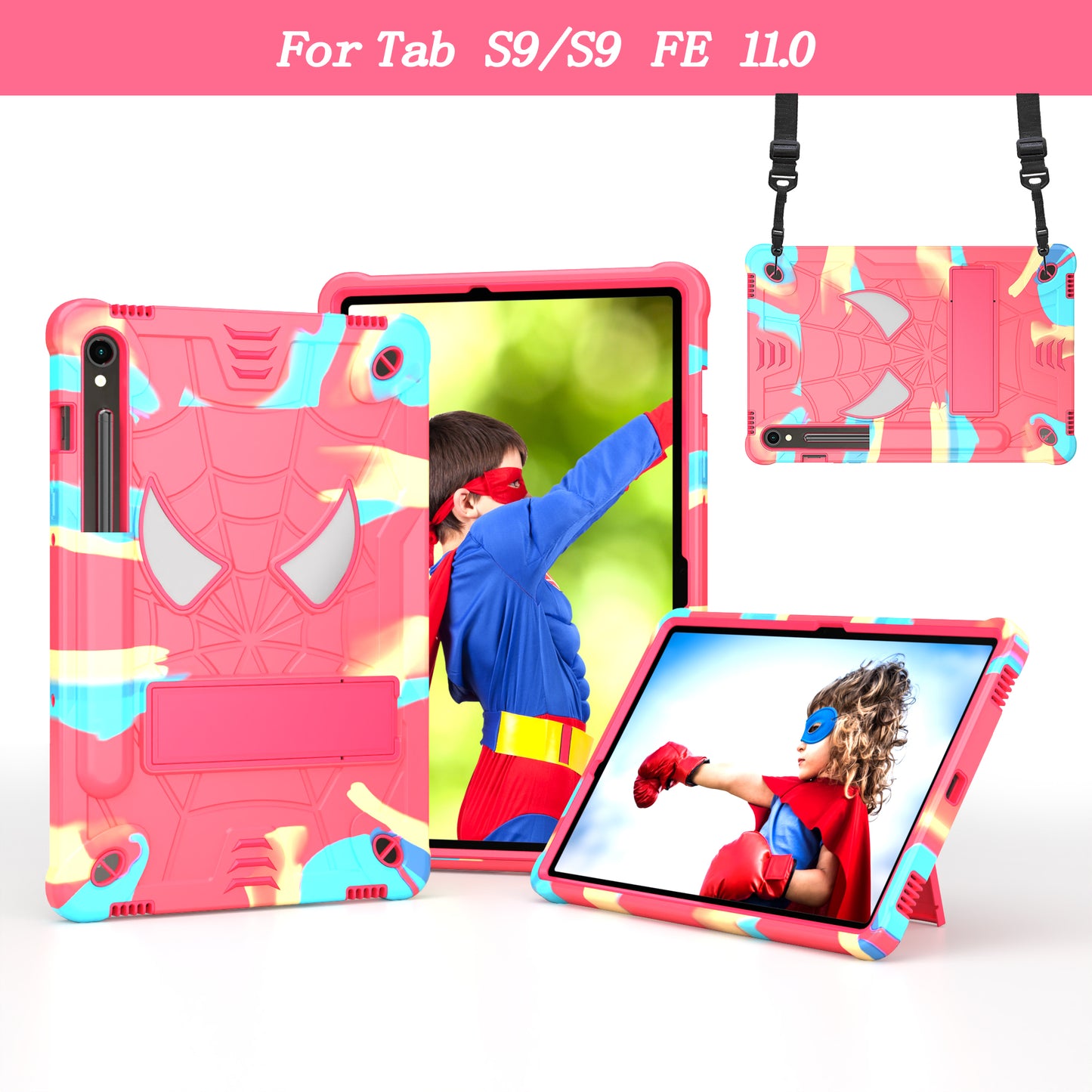 For Samsung Galaxy Tab S9 / Tab S9 FE Spider Web Tablet Case Kickstand Cover - Camouflage+Rose