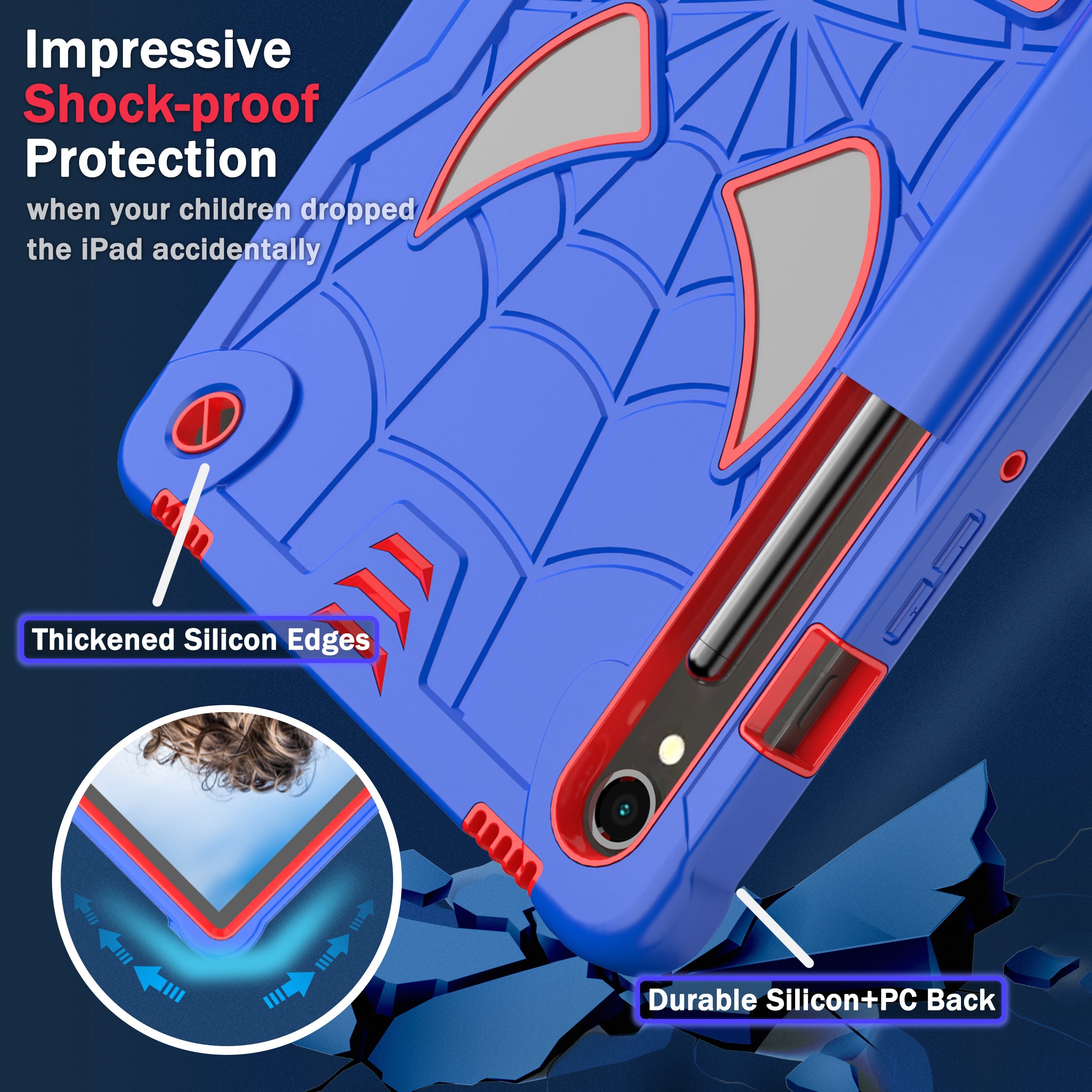 For Samsung Galaxy Tab S9 / Tab S9 FE Spider Web Tablet Case Kickstand Cover - Blue+Red