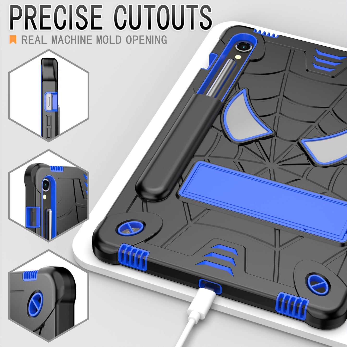 For Samsung Galaxy Tab S9 / Tab S9 FE Spider Web Tablet Case Kickstand Cover - Black+Blue