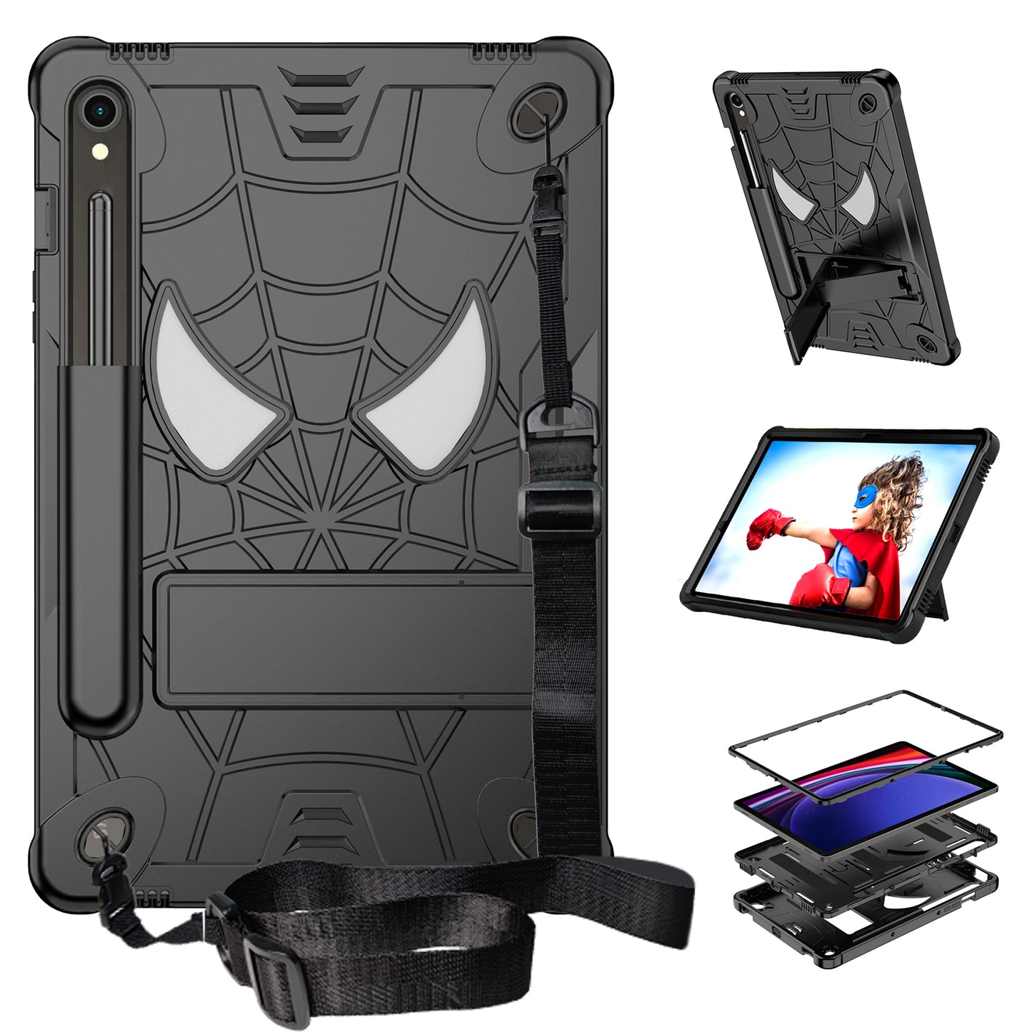 For Samsung Galaxy Tab S9 / Tab S9 FE Spider Web Tablet Case Kickstand Cover - Black+Black