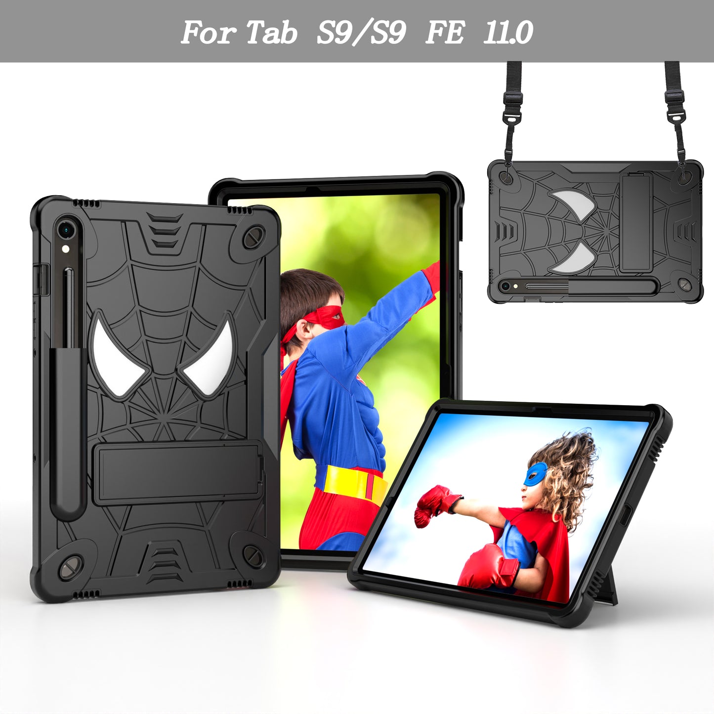 For Samsung Galaxy Tab S9 / Tab S9 FE Spider Web Tablet Case Kickstand Cover - Black+Black