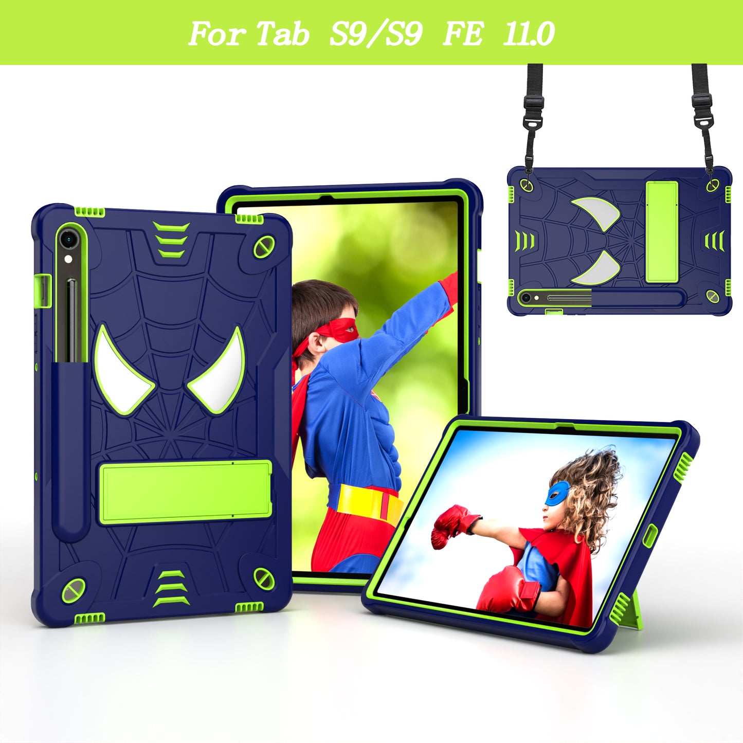 For Samsung Galaxy Tab S9 / Tab S9 FE Spider Web Tablet Case Kickstand Cover - Navy Blue+Yellow Green