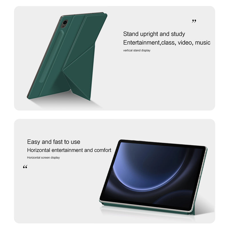 For Samsung Galaxy Tab S9 FE Case Magnetic V-fold Stand Tablet Cover with Auto Sleep  /  Wake - Green