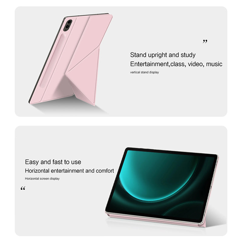 For Samsung Galaxy Tab S9 FE+ Case Magnetic PU Leather+PC Anti-scratch V-fold Stand Tablet Cover - Pink