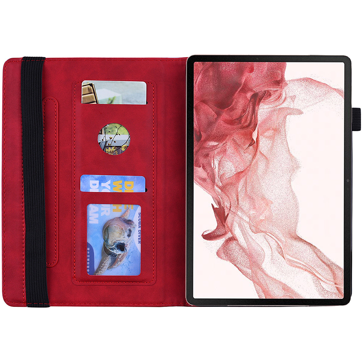 For Samsung Galaxy Tab S9 FE+ Tablet Case Card Slots Leather Cover Flower Pattern - Red