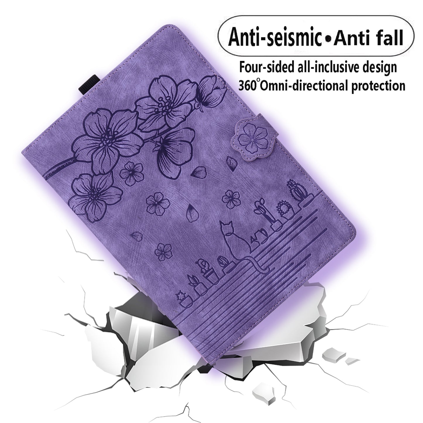 For Samsung Galaxy Tab S9 FE+ Leather Tablet Case Flower Cat Pattern Card Slots Cover - Purple