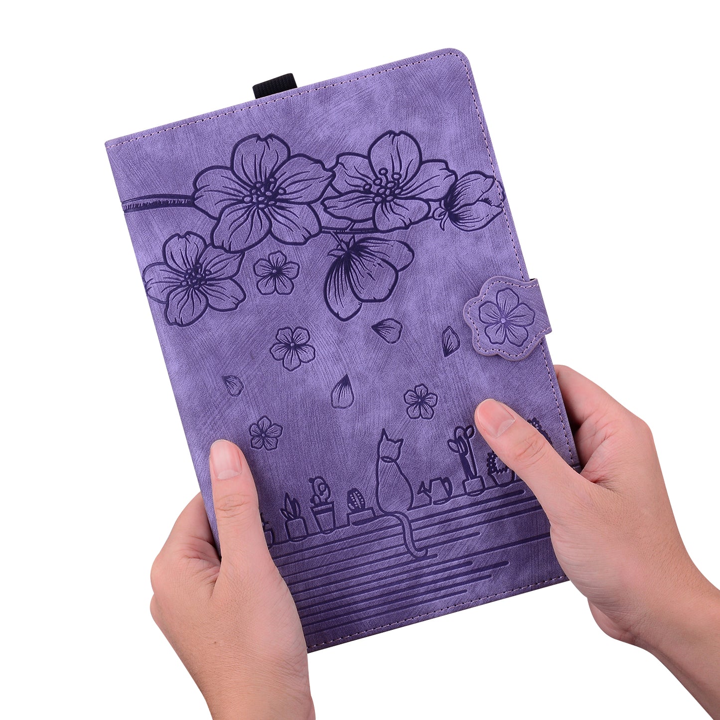 For Samsung Galaxy Tab S9 FE+ Leather Tablet Case Flower Cat Pattern Card Slots Cover - Purple