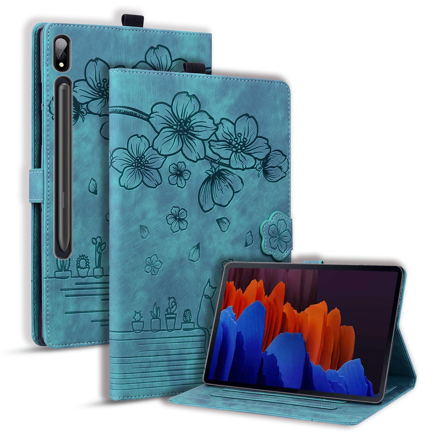 For Samsung Galaxy Tab S9 FE+ Leather Tablet Case Flower Cat Pattern Card Slots Cover - Green