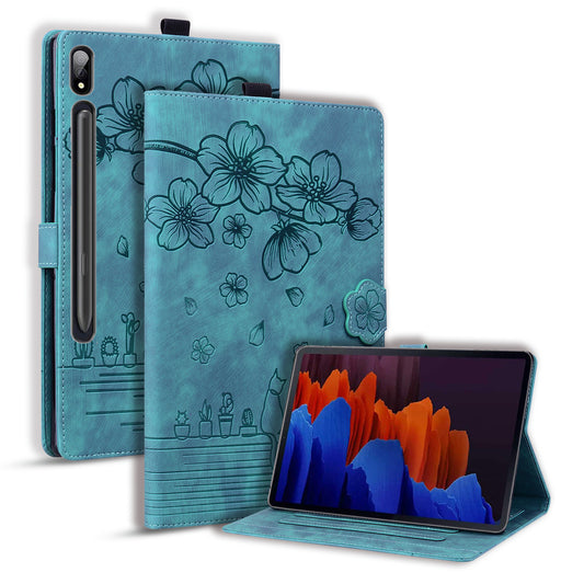 For Samsung Galaxy Tab S9 FE+ Leather Tablet Case Flower Cat Pattern Card Slots Cover - Green